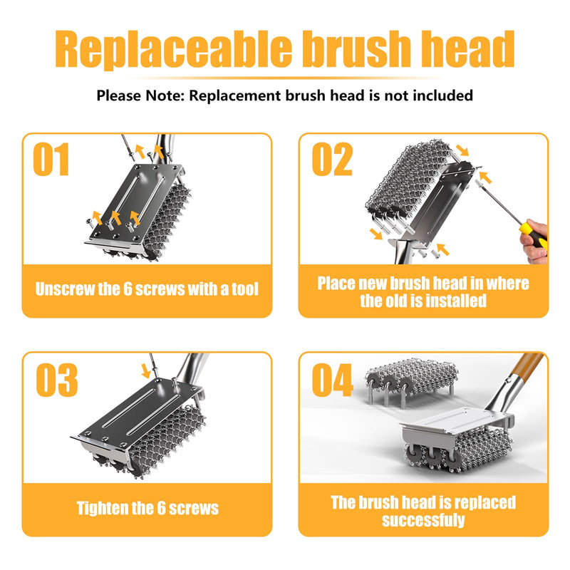 HOUSE AGAIN Grill Brush Bristle Free, 304 Stainless Steel Food-Grade Brush Head with Scraper, Safe BBQ Outdoor Grill Cleaning Brush Strong Barbecue Brush Cleaner Non Wire for Grill Grate/Wooden Handle Wood