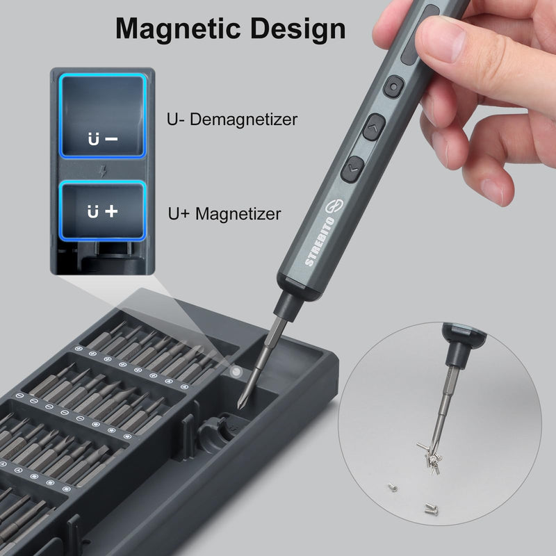 STREBITO Mini Electric Screwdriver Set, 70 in 1 Small Electric Screwdriver - 64 S2 Preicison Bits, 5 Torque Settings, 4 LED Lights, Mini Power Screwdriver Repair Tool Kit for PC Electronic (Standard) Standard
