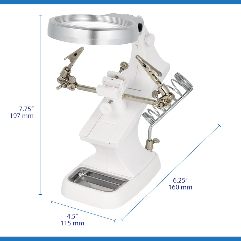 The Beadsmith Third Hand Magnifier – 3.0X Lens w/ 4.5X Inset Lens, 10 LED Lights, Fully Adjustable, Includes Alligator Clips, Tool Holder, & Removable Metal Tray