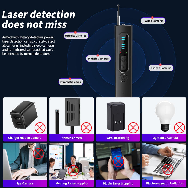 Hidden Camera Detector, 2026 AI Upgraded Spy Camera Finder | 5 Sensitivity Levels 4 Detection Modes, 25H Working Time, Signal Scanner Device Finder for Hotel Car Office Home Travel Black