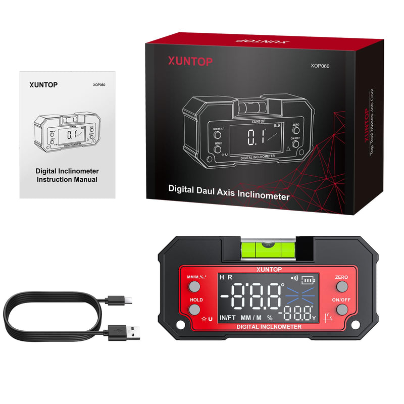 XUNTOP Digital Angle Finder Tool Dual Axis X-axis of 4×90° and Y-axis of ±60° Powerful Magnetic Base Level Box Type-C Rechargeable Digital Inclinometer with LED Display for Woodworking Table Saw