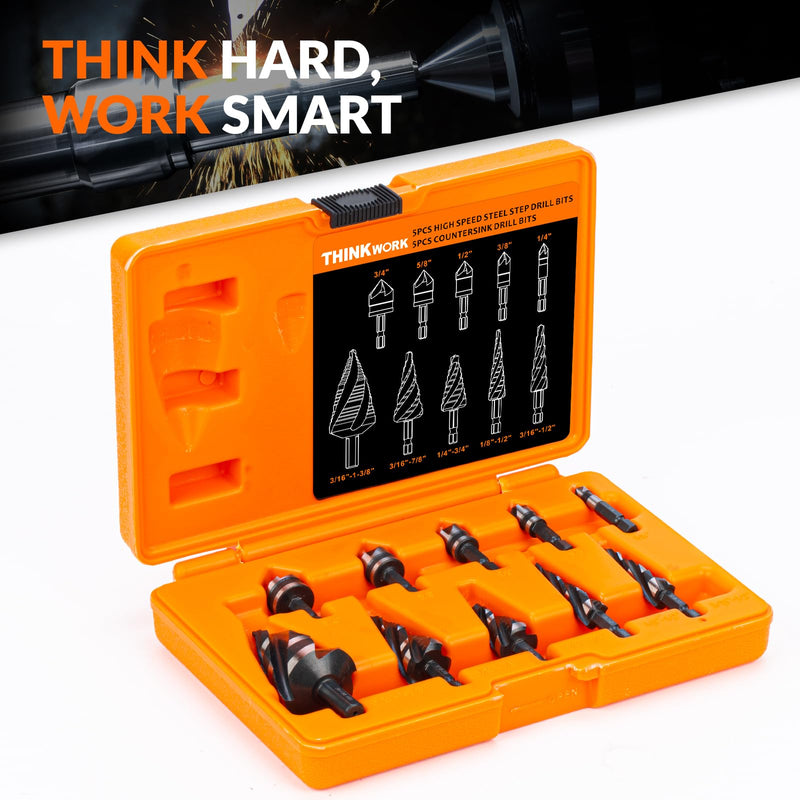 THINKWORK 5 Pcs Four Spiral Flute Step Drill Bit Set & 5 Pcs Countersink Drill Bits with Tool Box, Nitriding HSS Drill Bits for Metal, Aluminum, Wood, Plastic 1/8"-1-3/8" (10Pcs)