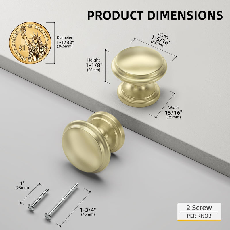 Goldenwarm 10 Pack Gold Cabinet Knobs Round Brushed Gold Drawer Knobs for Kitchen Cabinet Handles Zinc Alloy Hardware for Dresser Knobs Brushed Brass
