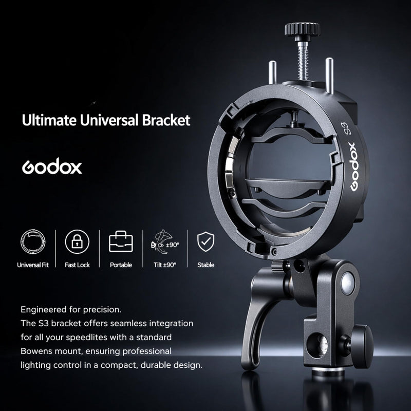 Godox S3 Speedlite Flash Bracket for Camera Flash, S-Type Bowens Mount Adapter with Umbrella Holder, Quick Setup Bracket for Softbox, Beauty Dish and Studio Lighting Godox Flash S3