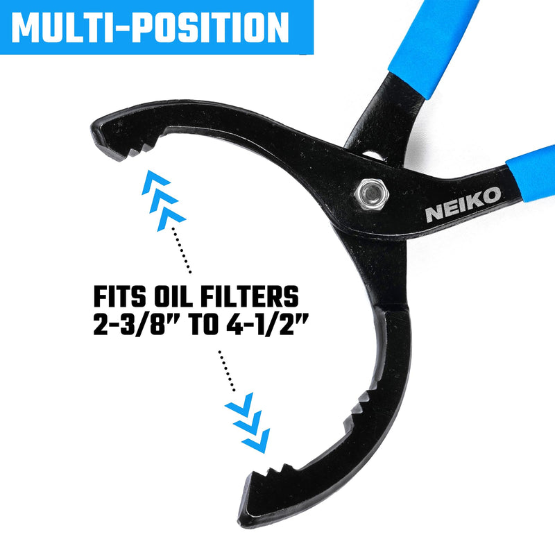 NEIKO 03422A Oil Filter Wrench, 12” Adjustable Oil Filter Pliers, 3 Adjustable Positions, Fits 2-3/8” to 4-1/2”, Oil Change Tools, Filter Removal Tool 12" Oil Filter Wrench