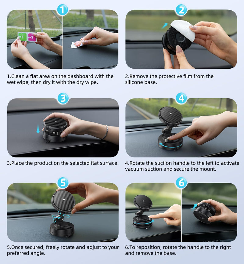 Upgraded 15W Magnetic Car Charger, Dashboard Phone Holders for iPhone 12-17 | 3200gf Magnetic Wireless Charger Faster Charging, 82LBS Suction Cup Dashboard Phone Holder, 360° Rotatable Magnetic Stand Blacka1