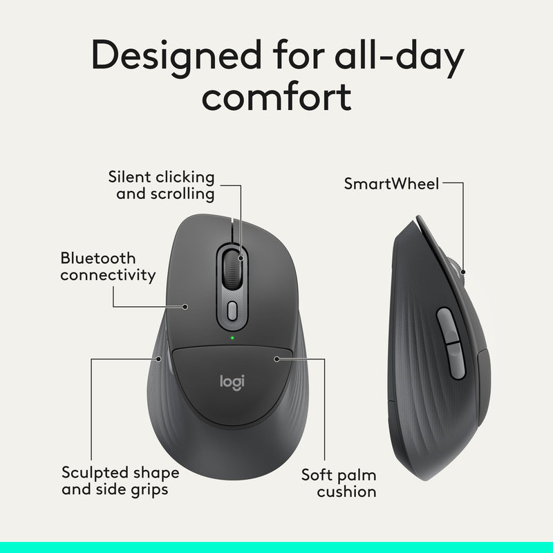 Logitech Signature Comfort Plus M850 L Wireless Mouse Bluetooth - Graphite | Bluetooth, palm cushion, 24-month battery, customizable buttons, for Windows, Mac, iPad With Palm Cushion