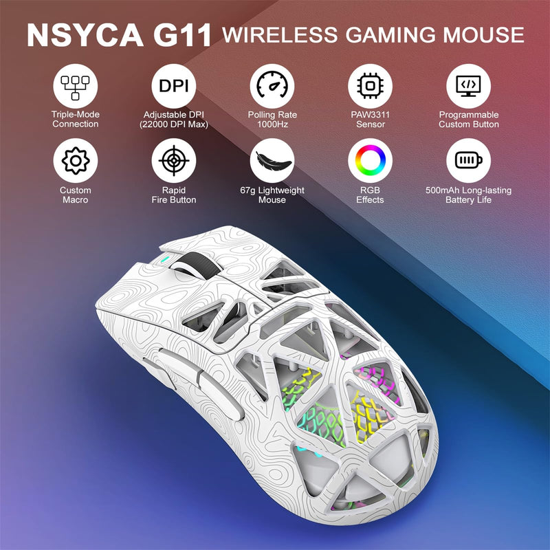 G11 RGB Wireless Gaming Mouse for Gaming Setup & Multi-Device Use, Tri-Mode Bluetooth 5.1/2.4GHz/USB-C, 22000 DPI Lightweight Programmable Mouse for PC, Laptop & Mac Line White