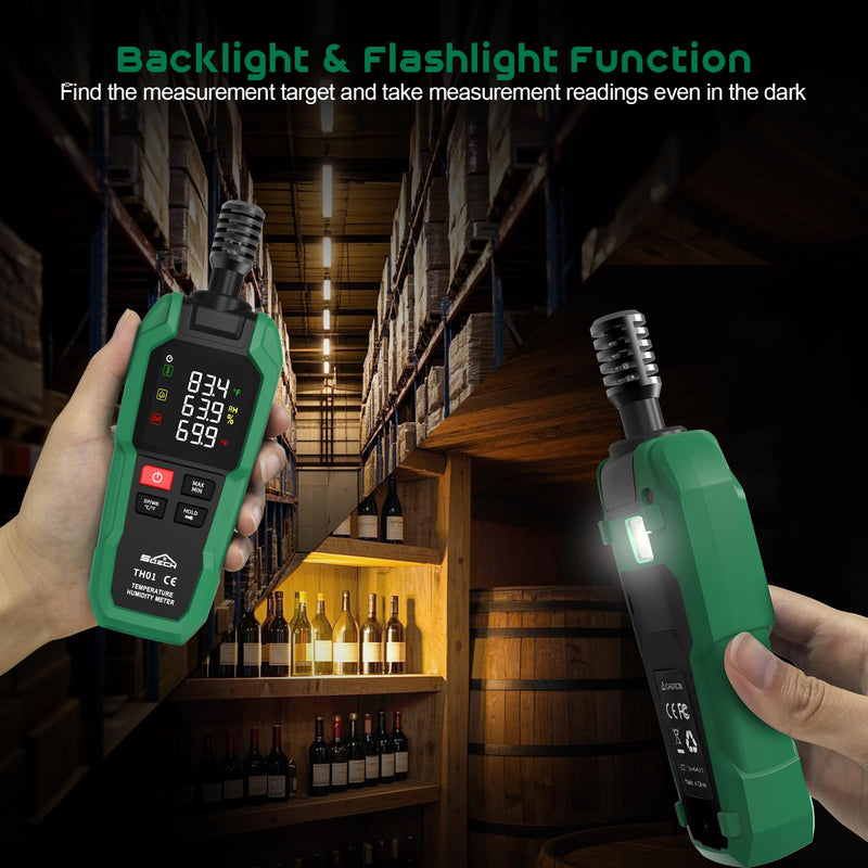 Temperature Humidity Meter, SQECH Digital Hygrometer with Ambient Thermometer,Dew Point,Wet Bulb,Flashlight,Max/Min,Data Hold,High Precision Psychrometer Monitor with Color Backlight for Home HVAC
