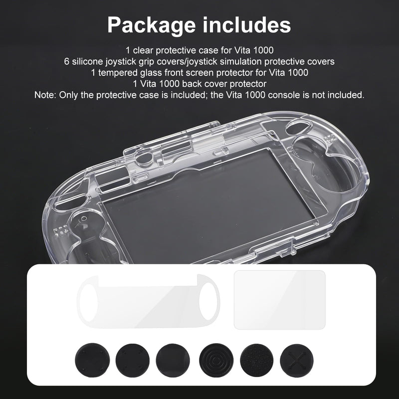 Clear Crystal Hard Shell Case Set for Vita 1000 PCH-1000 Game Console, Clear Protective Case with Tempered Glass Protective Films & Joystick Caps for Retro Game Enthusiasts