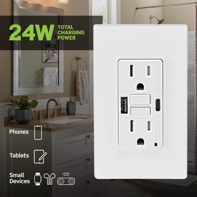 Leviton 15A SmartlockPro Self-Test GFCI Combination with Type A & Type-C USB in-Wall, USB Charger for Smartphones and Tablets, GUAC1-W 15A Type A/C USB w/GFCI White