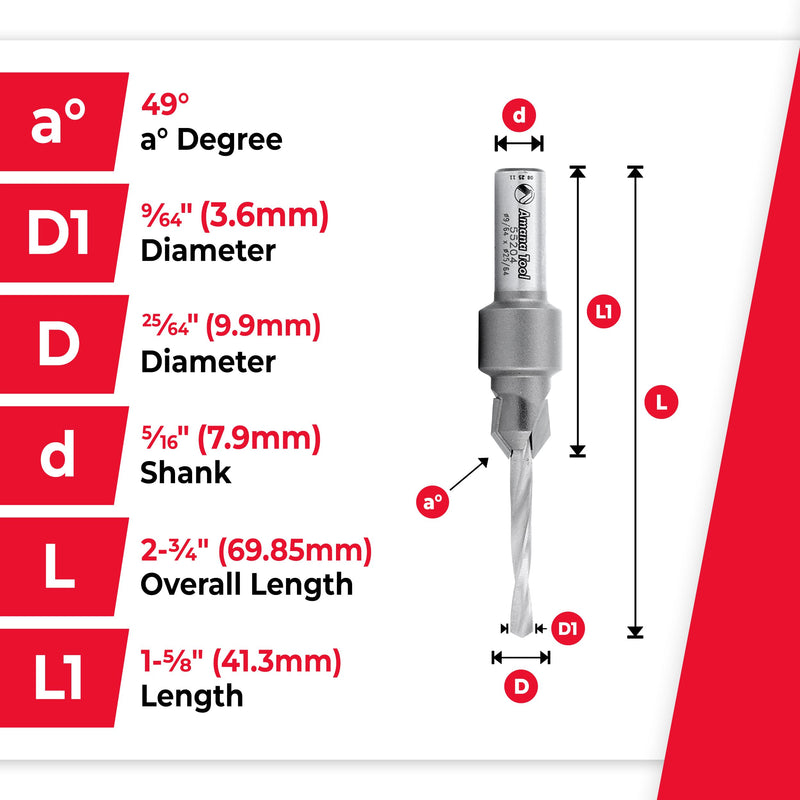 Amana Tool Carbide Tipped Countersink Drill Bit, 55204, 6 Screw, 25/64 Dia x 9/64 Drill Dia x 5/16 Round Shank