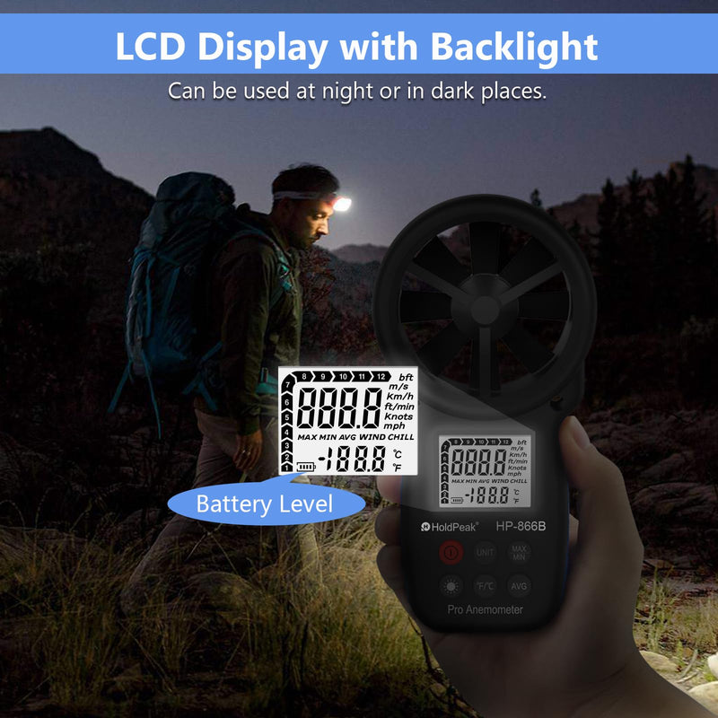 HoldPeak 866B Digital Anemometer Handheld Wind Speed Meter for Measuring Wind Speed, Temperature and Wind Chill with Backlight and Max/Min 1Pcs 866B Anemometer