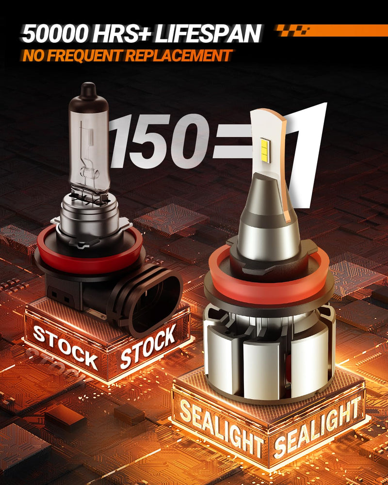 SEALIGHT 9005 H11 Bulbs Combo, 6000K Cool White, 72000LM, 9005/HB3 H11/H8/H9 Fog Bulbs with Silent Fan, Wider Driving Vision, Fog Light, Powersports Headlight Bulbs, Pack of 4