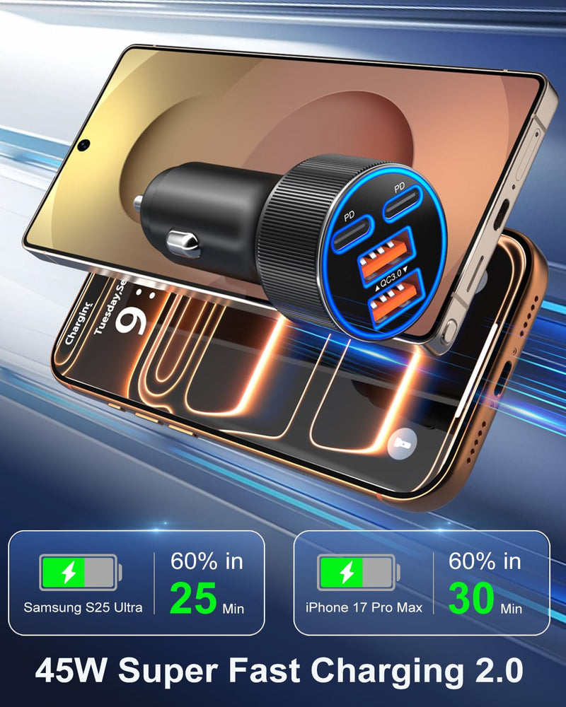 USB C Car Charger, 3 Pack 90W 4-Port Dual 45W Super Fast Car Phone Charger PD/QC 3.0 Fast Charging 12V Cigarette Lighter Adapter Plug for iPhone 17 16e 15 14 Pro Max, Galaxy S26 S25, Android Black