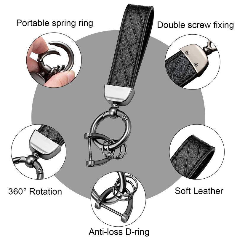 Leather Keychain, Universal Decorative Car Key Holder, Anti-lost D-ring, 360 Degree Rotatable Key Fob Keychain for Men and Women (Black) Black