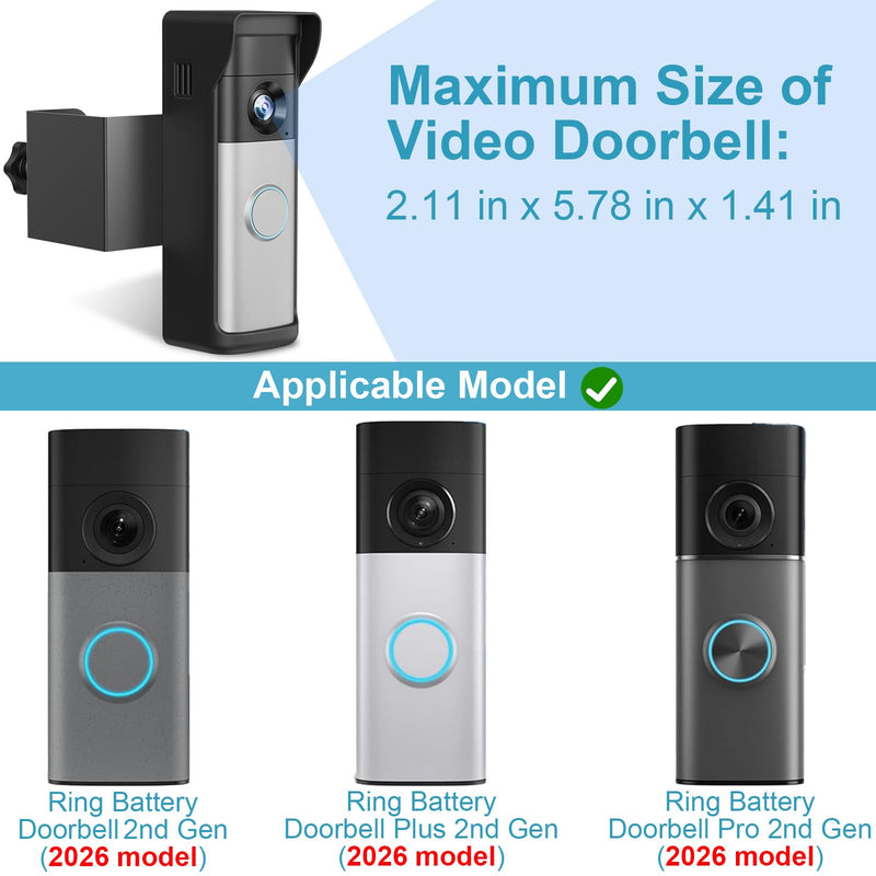 2026 Upgrade Anti-Theft Video Doorbell Mount for Ring Newest Battery Doorbell/Plus/Pro(2nd Gen), Adjustable No-Drill Mounting Video Camera Doorbell Cover Holder for Home Rentals, Not for Security Door Black
