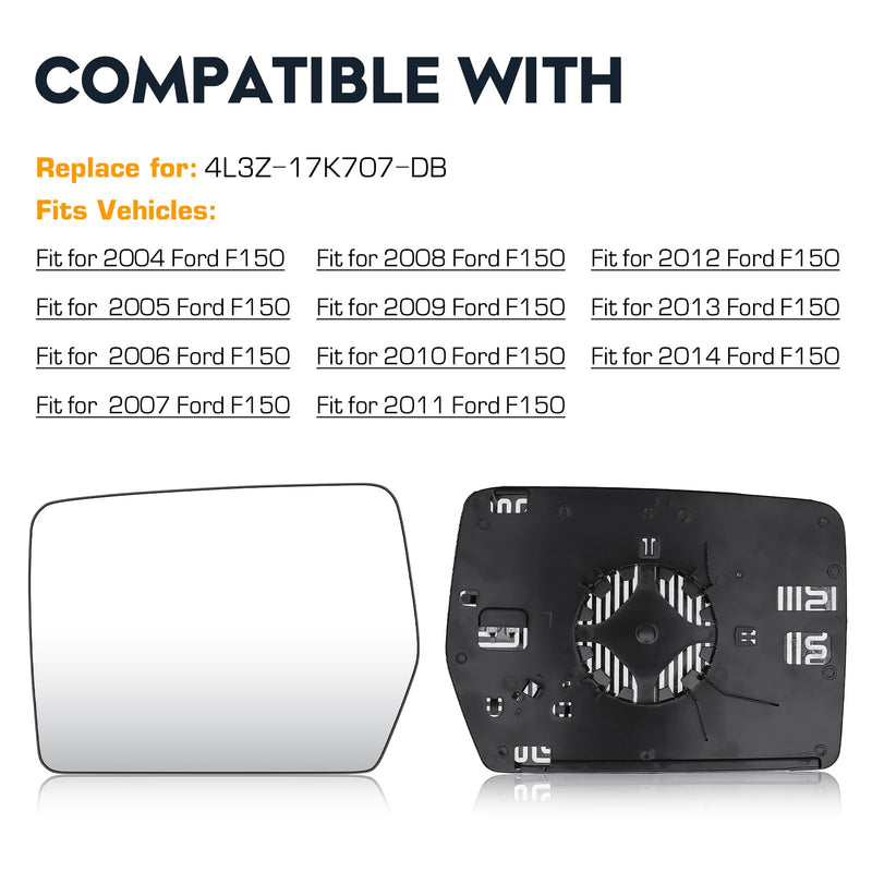 Driver Left Side Heated Mirror Glass Compatible with 2004-2014 Ford F-150, Side View Exterior Mirror with Rear Holder, Replacement for 4L3Z-17K707-DB Driver Side(Left)