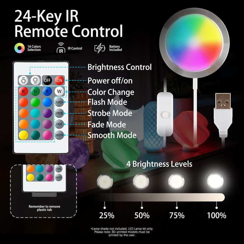 6 Pack RGB Remote Control LED Lamp Kit 001 for Bambu lab A1 mini/A1 MH001, Color Storage, Dimming, 5V USB Puck Light Set DIY Hardware Spare Parts for Makerwold 3D Printed Light Projects 6
