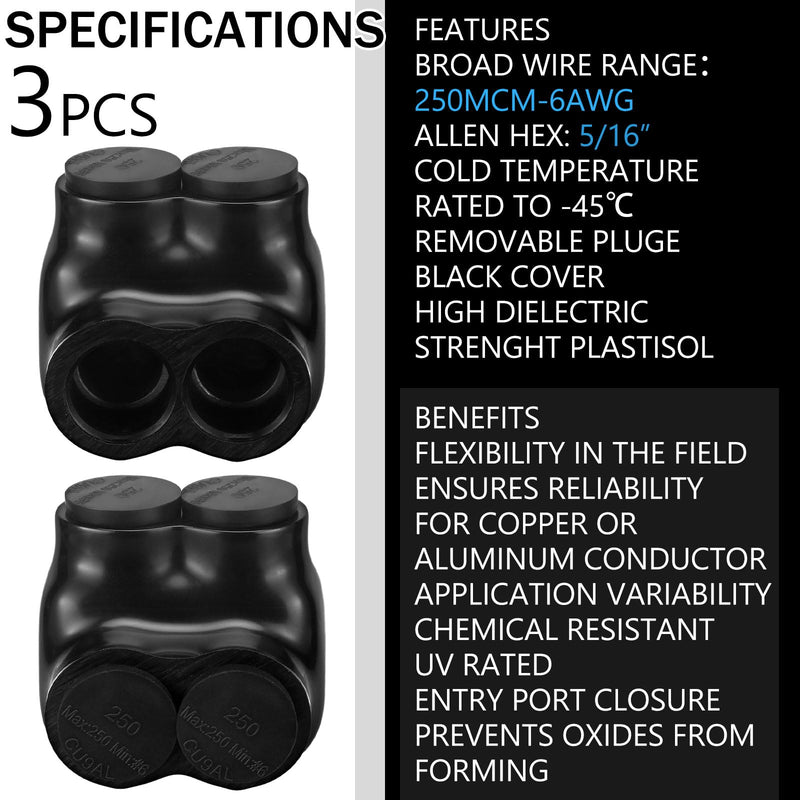 3 Pcs Black Insulated Multi Cable Connectors Vinyl Coated Wire Insulated Splicers with 2 Ports Single Sided Entry, Dual Rated for Copper Aluminum (250-6 Wire Range, 2.22"L x 2.3"W x 2"H) 250-6 Wire Range, 2.22"L x 2.3"W x 2"H