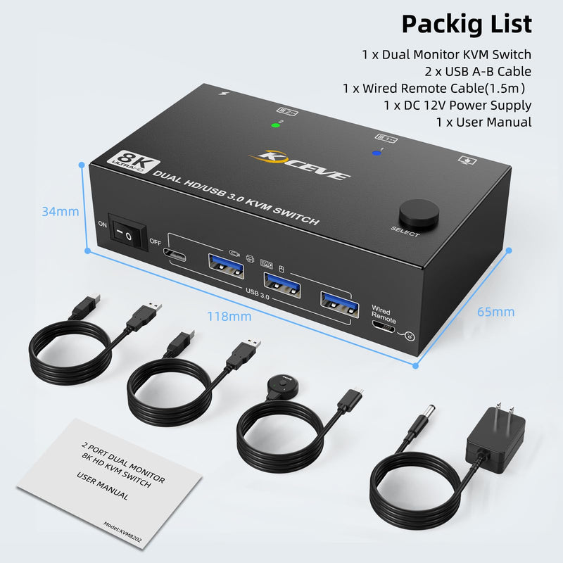 8K HDMI KVM Switch 2 Monitors 2 Computers, Dual Monitor KVM Switches HDMI Support 8K@60Hz 4K@120Hz, for 2 Pcs and 4 USB3.0 Devices,Support Extended and Copy Mode, Wired Remote and power adapter