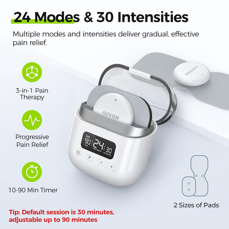 AUVON Wireless 24 Modes TENS Unit Muscle Stimulator for Pain Relief, Smart Rechargeable TENS Machine with Dual Size 6 TENS Pads for Physical Therapy, Pocket-Size TENS Device for Shoulder & Back Pain A White