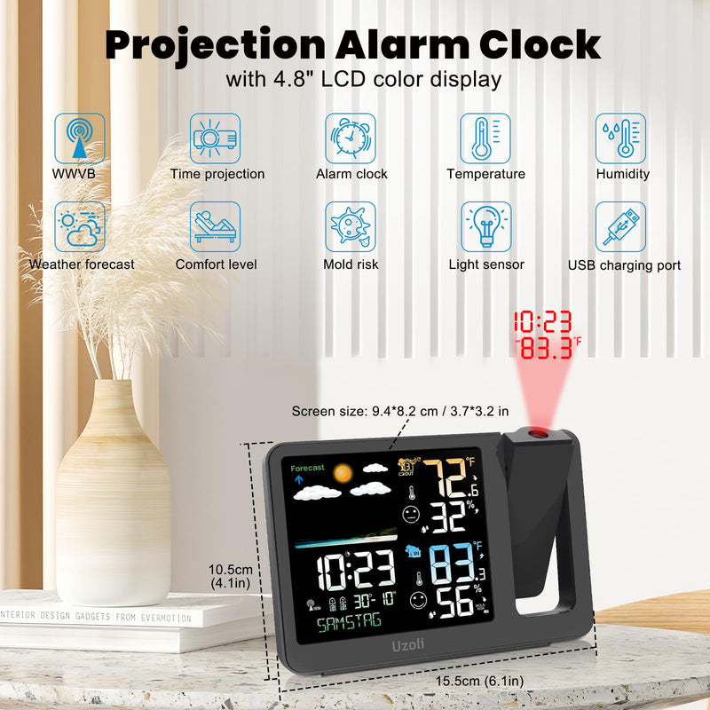 uzoli Projection Alarm Clock Weather Station, WWVB Atomic Projector Clock with Sensor, Adjustable Backlight, Indoor Outdoor Temperature Humidity, Digital Projection Clock for Bedroom Ceiling