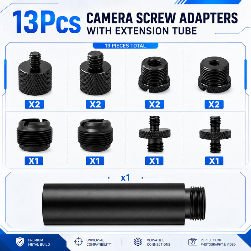 13 PCS 3/8 to 5/8 and 1/4 Mic Stand Adapter Set, Black | Microphone Stand Screws with Extension Tube Aluminum Alloy Mic Thread Mount for Boom Arm Camera Tripod Projector Fill Light