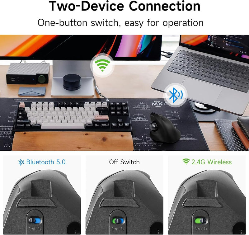Dual Mode Wireless Vertical Computer Trackball Mouse, Ergonomic Bluetooth Thumb-Control Mouse with Quiet Clicks Ergonomic Design Adjustable CPI ,Built-in 500mAh Battery Rechargeable for PC/Mac/Laptop