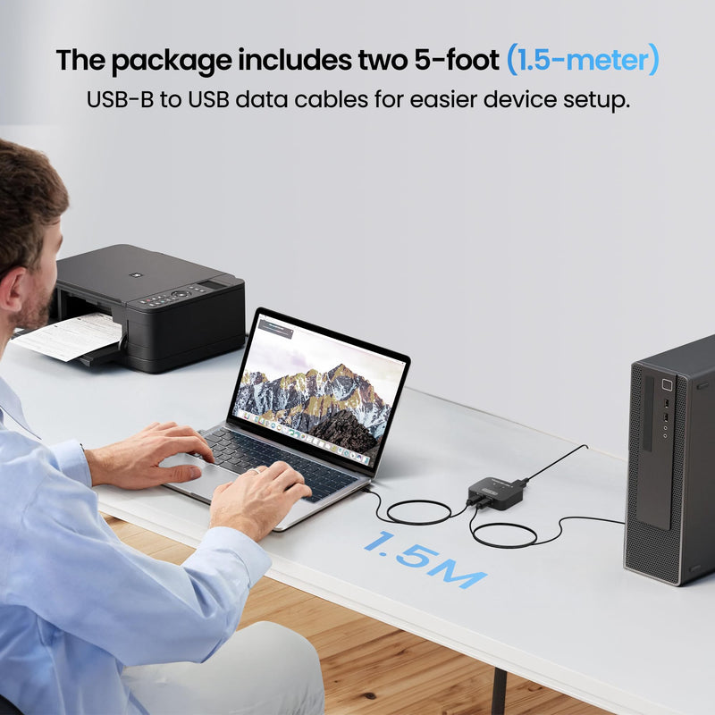avedio links USB Printer Sharing Switch for Two Computers, Printer Splitter with 2 USB Printer Cables (5ft/1.5M), No Driver Required, Plug & Play, USB KVM Switch with Wired Remote for Easy Switching
