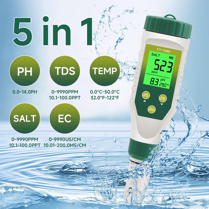 PH Meter & TDS Meter 5 in 1 Water Tester pH/TDS/EC/Salt/Temp Meter,PH Meter for Water with LCD Backlit,pH Tester Digital for Drinking Water. 5-1