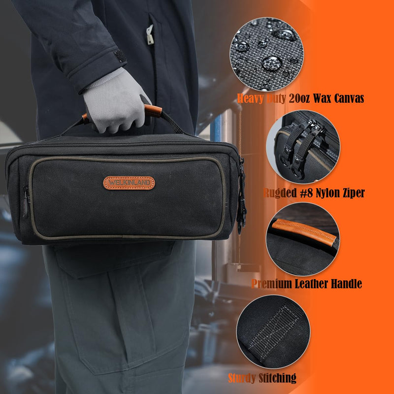 WELKINLAND LayFlat Tool Pouch Organizer, 13-Inch Small Tool Bag, Heavy-Duty Waxed Canvas Tool Pouch, 5-Pocket Small Tool Bags with Zipper, Wide-Open Electrician Tool Bag