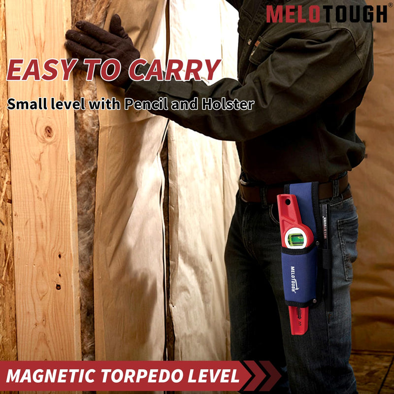 MELOTOUGH 10 Inch Die-Cast Magnetic Torpedo Level,Magnetic Level for Carpenter,Construction,Scaffolding, Plumbing Torpedo Level with Rare Earth Magnet,Pencil and Holster,Red,2PCS Red-2PCS