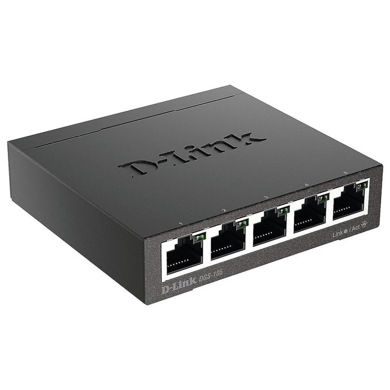 D-Link Ethernet Switch, 5 Port Gigabit Unmanaged Metal Desktop Plug and Play Compact (DGS-105),Black 5-Port Switch