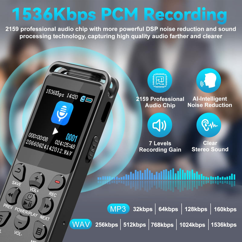 Digital Voice Recorder with Playback, Volorful 80H HD Recording Device | External Microphone, AI Noise Reduction, One Touch Recording/Lock, Voice Activated, Password, Lecture Meeting Interview Class 32.0 GB