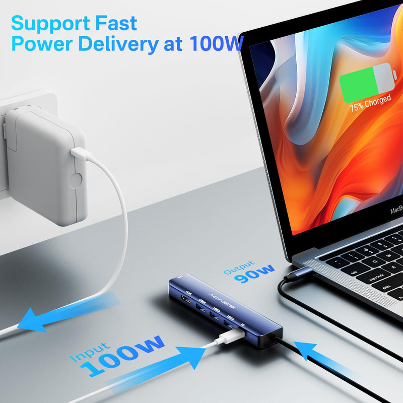 USB C Hub, ACASIS 6 in 1 USB Hub 3.3FT Long Cable, 4k@60Hz HDMI, 1 Gbps Ethernet, 3 USB 3.0, PD 100W, USB C Adapter for iPhone 15/ MAC/Dell/Acer/HP/Asus/Steam Card Sets