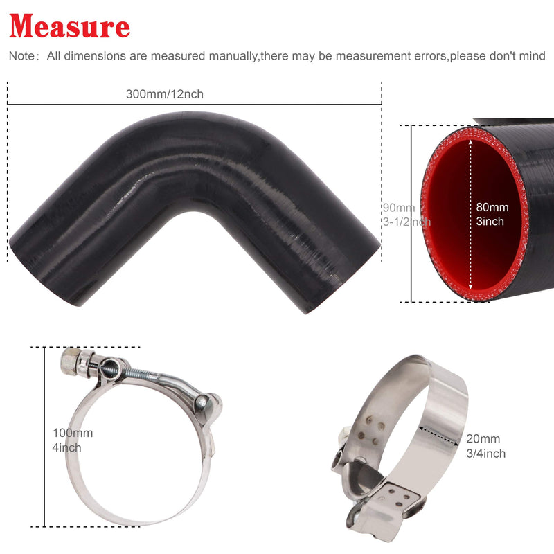 90 Degree Elbow Coupler Silicone Hose 4-Ply 3-inch for Turbo/Intercooler/Intake Piping,Length 120mm Thickness 5mm with T-Bolt Clamp 3 Inch