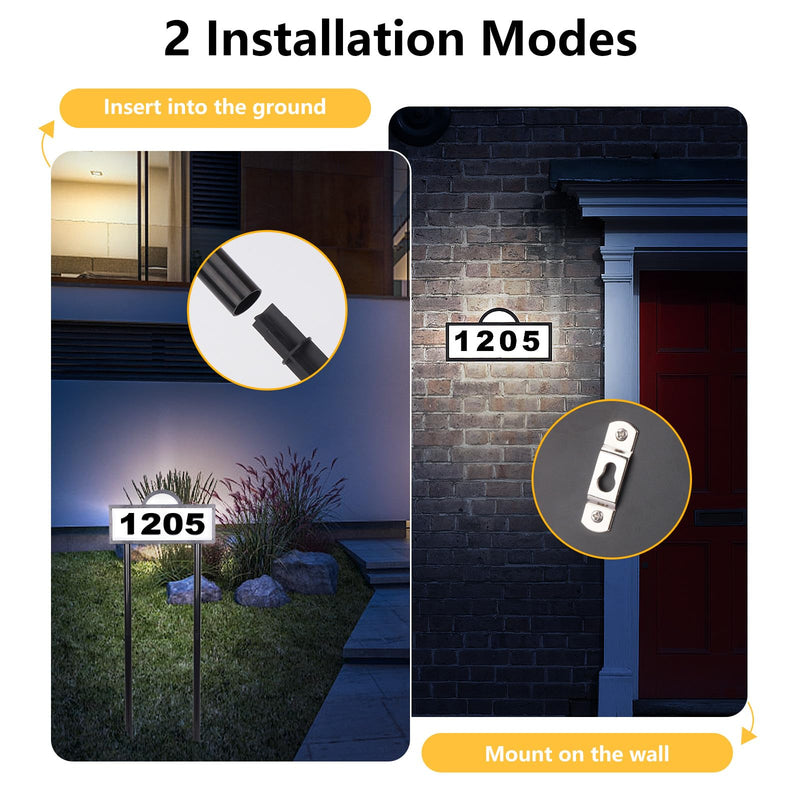 Solar House Numbers Address Sign, IP65 Waterproof Solar Address Plaque for Outside, 3200K Warm & 6500k Cold LED Illuminated House Numbers for Outdoor Wall Mounted & Home Yard Ground Address Number Bicolor light