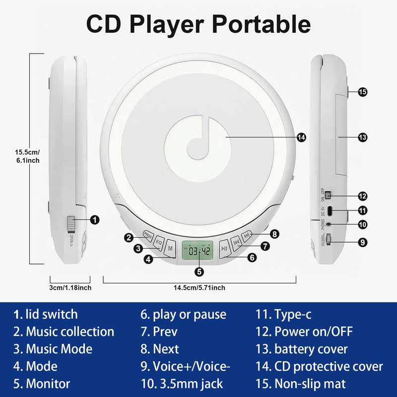 H-01 Portable CD Player with Earphones,Personal CD Discman Player for Home Car with Anti-Skip Shockproof Protection, Small CD Player with LCD Display for Music Lovers