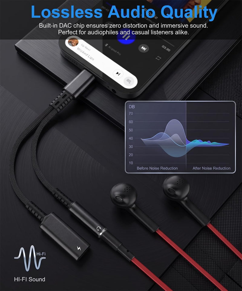 USB C to 3.5mm Audio and Charger Adapter, 2in1 USB C to Aux Headphone Jack Splitter and Type C PD 60W Fast Charging Dongle Cable for iPhone 17 16 15 Pro Max Plus, Galaxy S25 S24 S23 Ultra More USBC