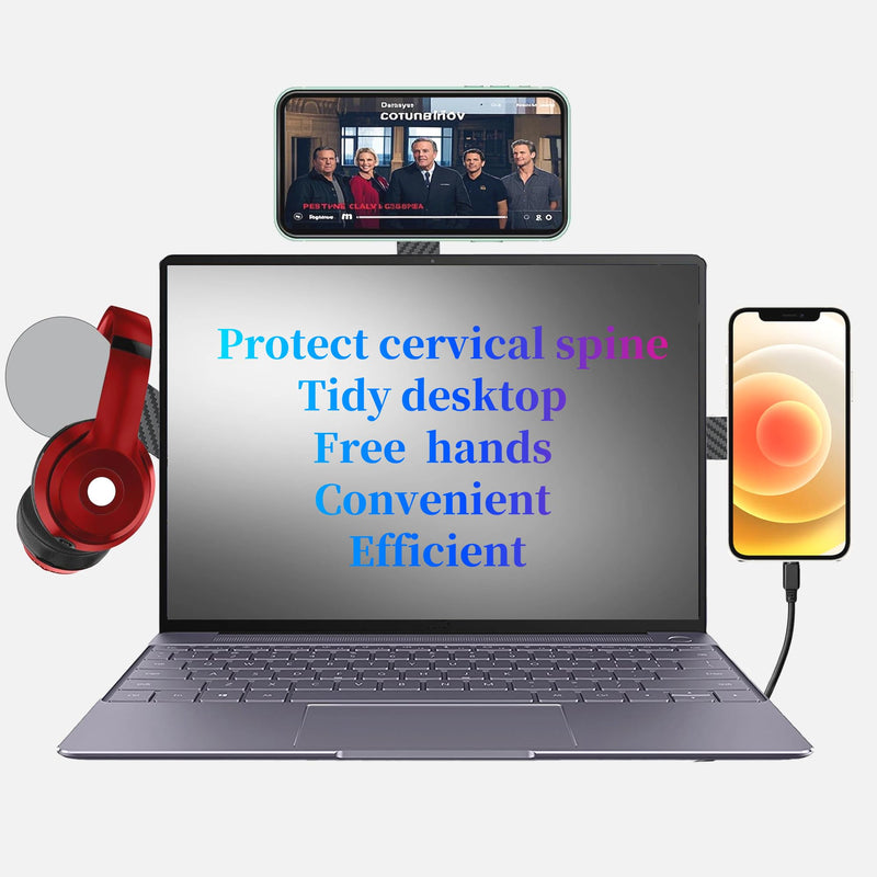 True Carbon fiber Slim Portable Foldable Adjustable Hide Laptop Notebook Desktop Computer Monitor side Magnetic phone holder Expansion Bracket,Universal for All Phones & iPhone16/15/14/13/12 Magsafe Black