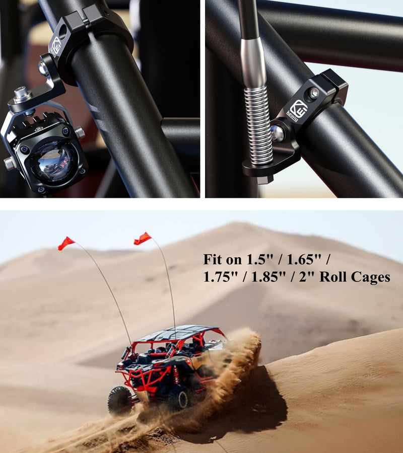 BRCOVAN 2PCS UTV Whip Light Mount, Solid Aluminum Alloy Whip Flag Mounts, Off-Road LED Light Bar Mounting Bracket, 360° Adjustable Roll Bar Clamp Holder Fit 1.5''/1.65'' /1.75''/1.85''/2'' Roll Cage