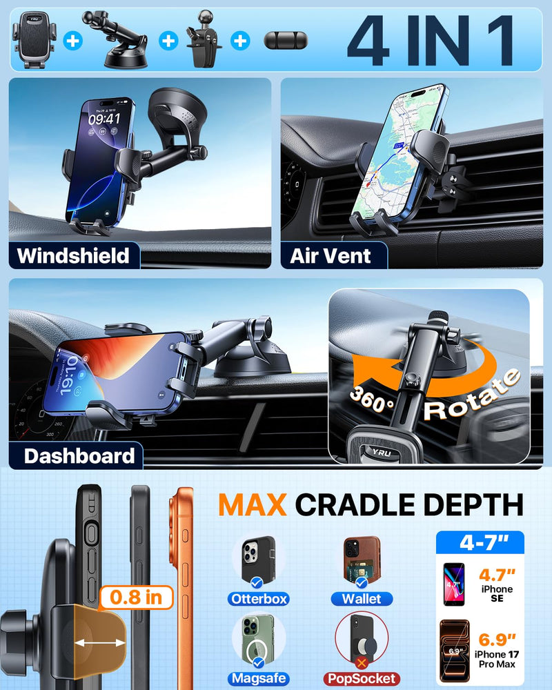 【2026 BEST & Military-Grade】Car Phone Holder Mount,【360° Rotatable Suction & 100+LBS Safest Strongest & Patent Certs】Dashboard Windshield Vent Truck Stand for iPhone 17 16 Pro Max Samsung, Matt Black