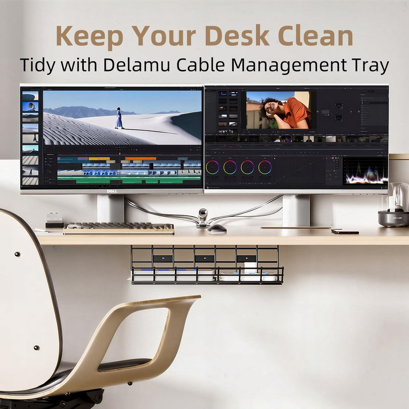 1 Pack DELAMU Under Desk Cable Management Tray, Large Metal Cord Organizer, Office & Home Cord Wire Management Under Desk Shelf, Easy Install Pre-drilled Cable Organizer, Black