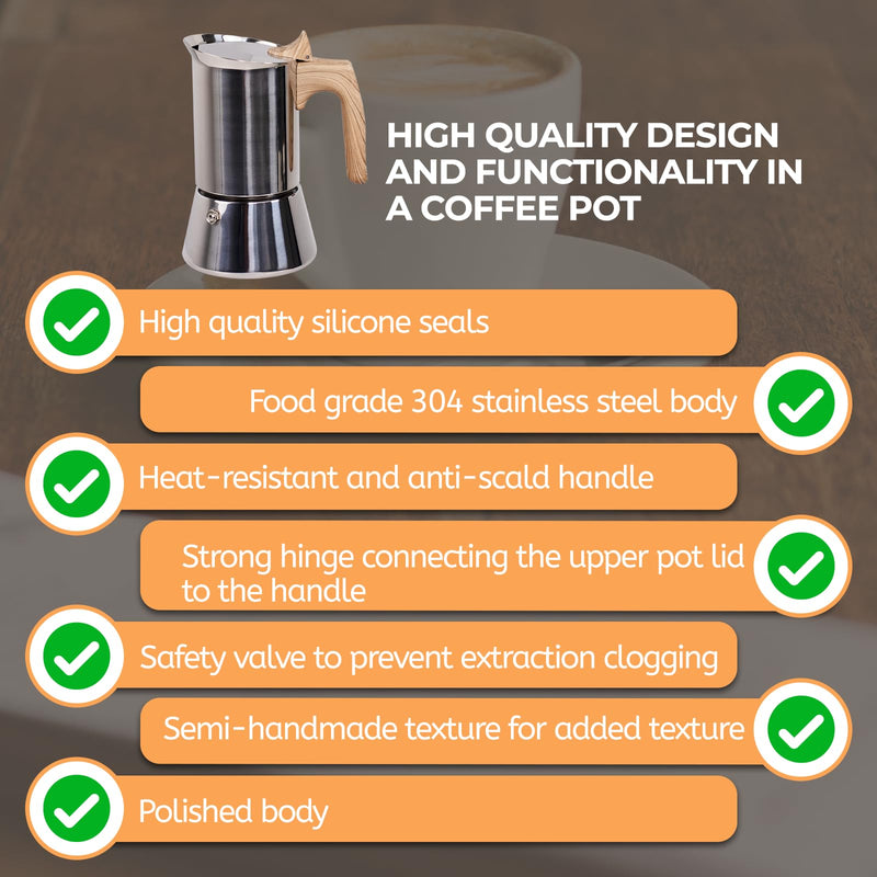 Uncoated 6 Cup Moka Pot 304 Thickened Stainless Steel Coffee Maker Stovetop Espresso Coffeemaker Italian Classic Style Brewing Greca Cafe Mocha Machine for Cafeteras Camping Travel Home 300ml 10oz