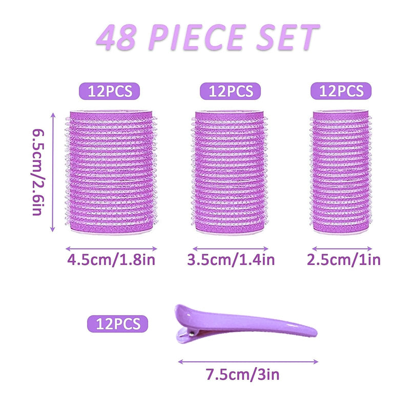 KEYRI 48PCS Hair Rollers Set Hair Rollers with Clips Self Grip Jumbo Hair Roller No Heat Heatless Hairs Rollers for Long Medium Short Hair Styling Hairs Salon Hairdressing Curlers (Purple, 3 Size) Purple 1 count (Pack of 48)