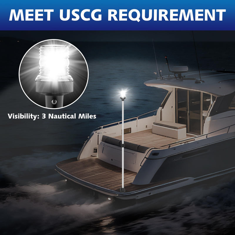 Boat Stern Light Anchor Light, 28"-48" Telescoping Pole Boat Lights LED with Base & Extra Bulb, Waterproof 3NM 360° All Round Marine Navigation Lights for Boats LED for Pontoon, Fishing, Bass Boats Sliver