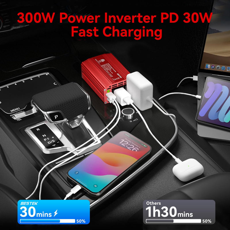 BESTEK 300W Car Power Inverter - DC 12V to 110V AC Car Plug Adapter with 30W USB-C & 18W USB-A Dual AC Outlet, Fast Car Charger Adapter for Laptop, Vehicles, Road Trip Essentials Red