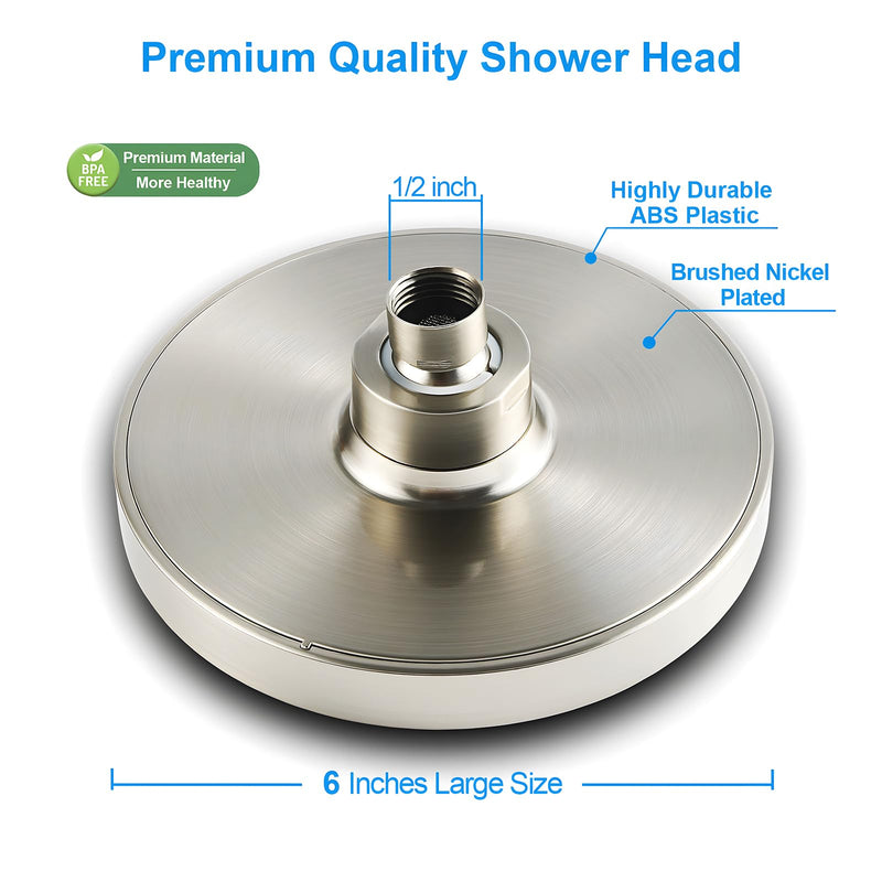 High Pressure Rainfall Shower Head, 6 Inches Luxury Showerhead with Perfect Adjustable Replacement, Removable Restrictor, Easy Installation for Your Bathroom Shower Heads (Brushed Nickel) 6 Inch Round (1 PCS) Brushed Nickel