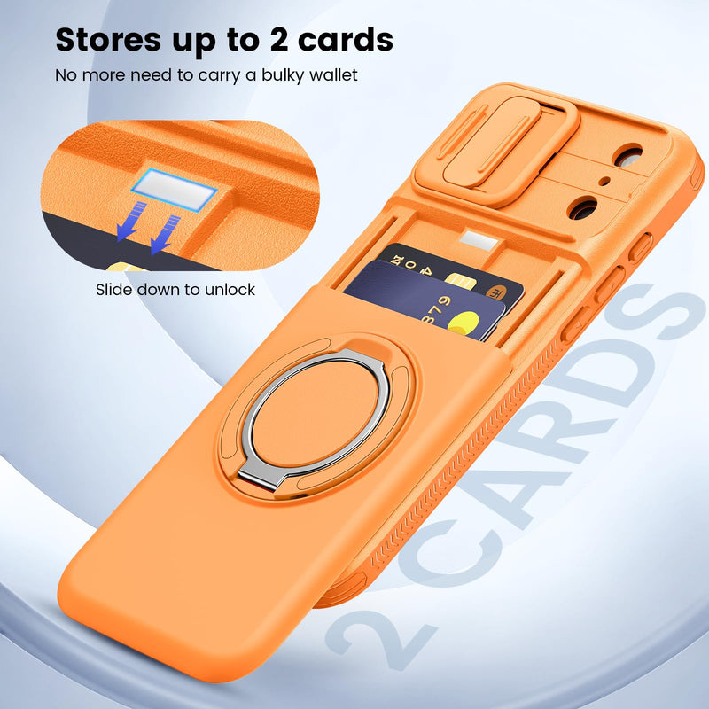 Ruky for iPhone 17 ProMax Case with Slide Camera Cover and Stand, Orange | Wallet Card Holder & Screen Protector [Not Support Wireless Charging] Military-Grade Drop Protection Phone Cover, Orange